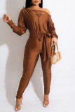 Dark Brown Casual Print Patchwork Oblique Collar Skinny Jumpsuits