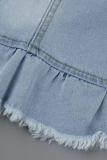Синяя повседневная прямая джинсовая куртка из однотонного пэчворка с отложным воротником и короткими рукавами