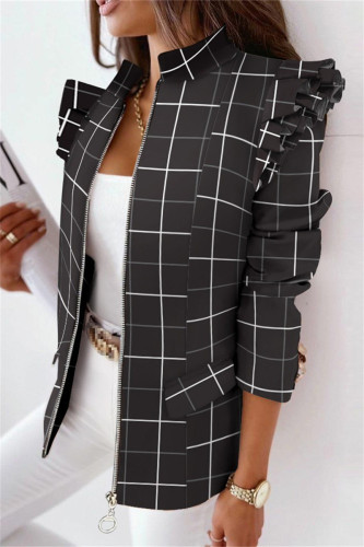 Black Casual Print Patchwork Flounce Zipper Collar Outerwear