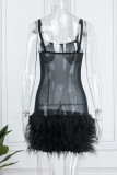 Zwarte sexy effen patchwork doorschijnende rugloze spaghettibandjes mouwloze jurk Jurken