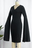 Svarta Casual Solid Patchwork Slit V-hals långärmade klänningar