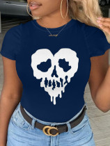Marineblauwe Street Daily Skull Patchwork T-shirts met O-hals