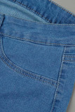 Jeans taglie forti casual con patchwork solido blu tibetano