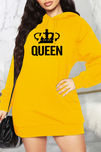 Yellow Casual Print Patchwork Hooded Collar Straight Dresses