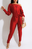Rose Red Casual Print Patchwork Oblique Collar Skinny Jumpsuits