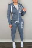 Grey Casual Daily Letter Print Patchwork Hooded Collar Long Sleeve Two Pieces