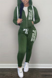 Green Casual Daily Letter Print Patchwork Hooded Collar Long Sleeve Two Pieces
