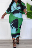 Green Yellow Casual Print Patchwork V Neck Pencil Skirt Plus Size Dresses