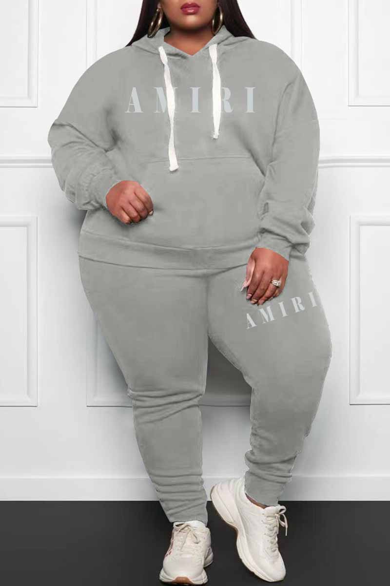 

Grey Casual Print Letter Hooded Collar Plus Size Two Pieces