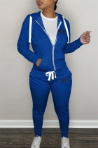 Royal Blue Casual Letter Print Patchwork Hooded Collar Long Sleeve Two Pieces