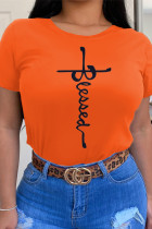 Оранжевые повседневные повседневные футболки с круглым вырезом и буквенным принтом