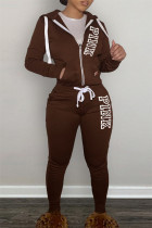 Dark Brown Casual Daily Letter Print Patchwork Hooded Collar Long Sleeve Two Pieces