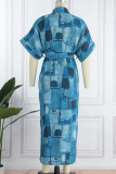 Robe chemise à col rabattu en patchwork imprimé décontracté bleu