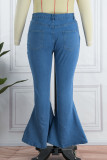 Calça jeans tamanho grande casual azul royal patchwork sólido