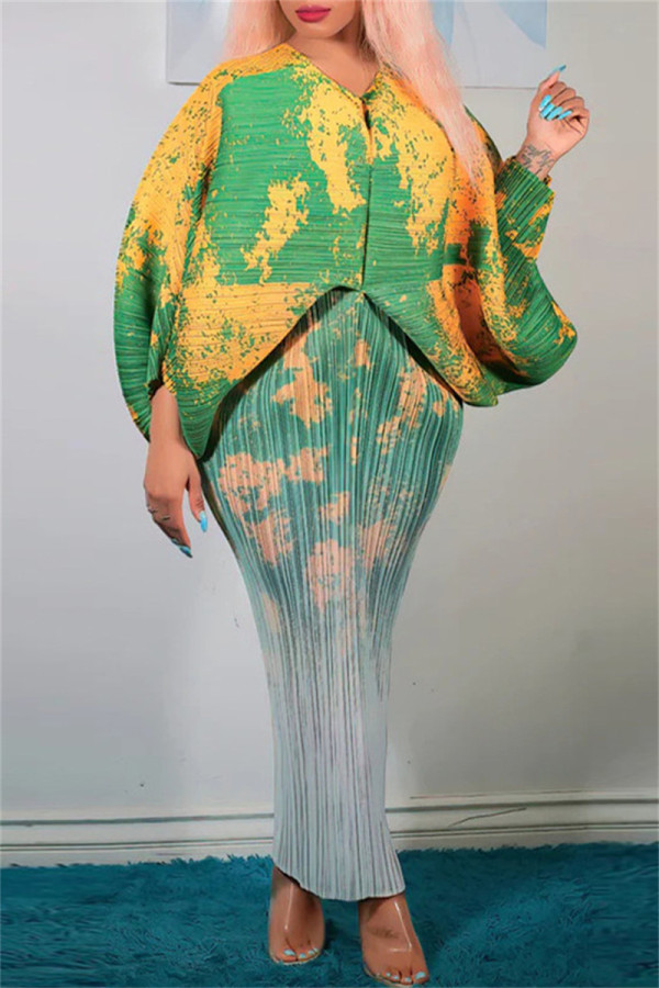 グリーン イエロー カジュアル プリント パッチワーク V ネック ペンシル スカート プラス サイズ ドレス