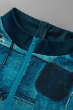 Monos flacos de cuello con cremallera de patchwork estampado casual de moda azul