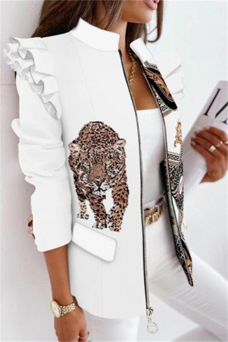 White Casual Print Patchwork Flounce Zipper Collar Outerwear