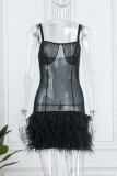 Vestido sin mangas con correa de espagueti sin espalda transparente de patchwork sólido sexy negro Vestidos