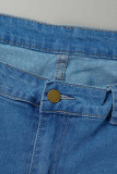 Calça jeans tamanho grande casual azul royal patchwork sólido