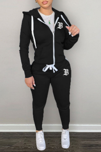 Black Street Letter Print Zipper Hooded Collar Long Sleeve Jackets And Pants Sportwear Two Piece Jogger Set