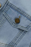 Синяя повседневная прямая джинсовая куртка из однотонного пэчворка с отложным воротником и короткими рукавами