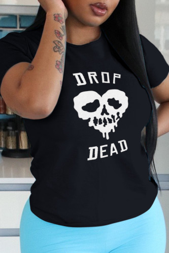 Zwarte Casual Street Skull Patchwork T-shirts met O-hals