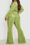 Green Yellow Casual Solid Patchwork Turndown Collar Long Sleeve Two Pieces