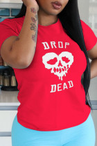 Röda Casual Street Skull Patchwork O-hals T-shirts