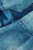 Blå Mode Casual Print Patchwork Turndown-skjortaklänning