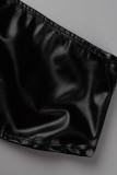 Negro Sexy Sólido Ahuecado Patchwork Transparente Sin tirantes Sin mangas Dos piezas