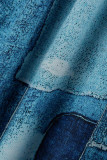 Vestido camisa azul moda casual estampa patchwork com gola virada para baixo
