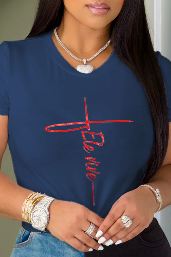 Marineblauwe casual T-shirts met letter O-hals en straatprint