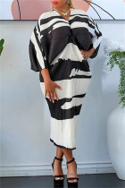 Falda de lápiz con cuello en V y patchwork con estampado casual en blanco y negro Vestidos de talla grande