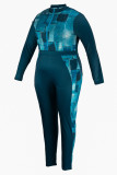 Combinaisons skinny mode casual imprimé patchwork col zippé bleu