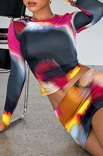 Colour Sexy Patchwork Tie-dye O Neck Long Sleeve Two Pieces