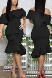 Черное модное нерегулярное платье с воротником в виде листьев лотоса с обернутой грудью
