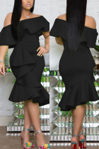黒のファッションラップチェストロータスリーフカラーイレギュラードレス