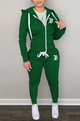 Green Street Letter Print Zipper Hooded Collar Long Sleeve Jackets And Pants Sportwear Two Piece Jogger Set