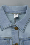 Blaue, lässige, solide Patchwork-Umlegekragen-Kurzarm-Jeansjacke mit geradem Schnitt