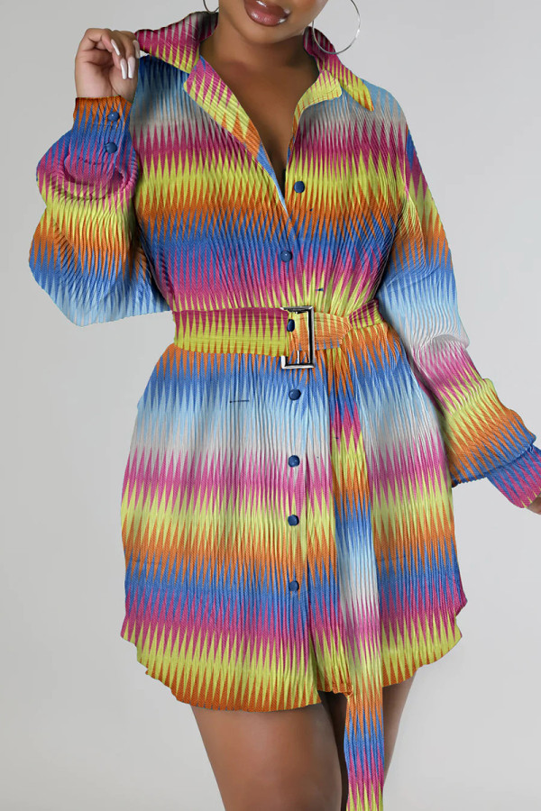 Vestidos de manga comprida com estampa casual multicolorida patchwork gola virada para baixo