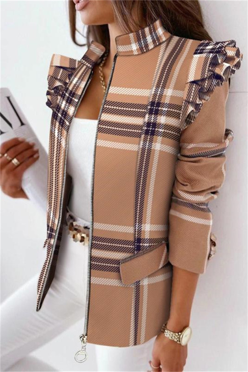 

Khaki Casual Print Patchwork Flounce Zipper Collar Outerwear