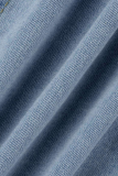 Blaue, lässige, solide Patchwork-Umlegekragen-Kurzarm-Jeansjacke mit geradem Schnitt