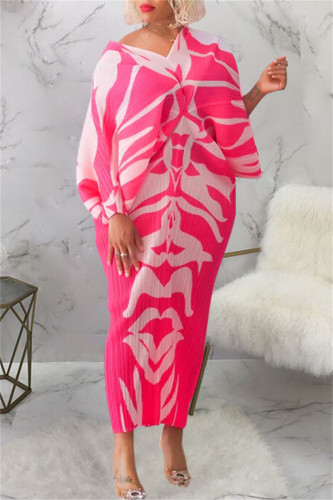 Rose Red Casual Print Patchwork V Neck Pencil Skirt Plus Size Dresses