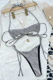 Zilveren sexy patchwork-bandage uitgeholde rugloze badkleding (met vulling)