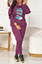 Purple Street Print Patchwork Hooded Collar Long Sleeve Two Pieces