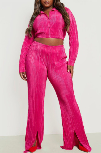 Rose Red Casual Solid Patchwork Turndown Collar Long Sleeve Two Pieces