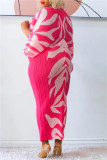 Pink Purple Casual Print Patchwork V Neck Pencil Skirt Plus Size Dresses