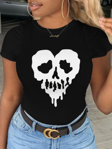 T-shirts noirs Street Daily Skull Patchwork O Neck