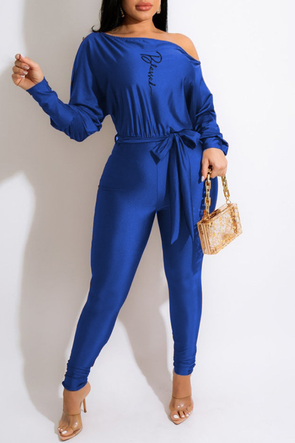 Blauwe casual skinny jumpsuits met patchwork en schuine kraag