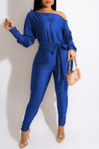 Blue Casual Print Patchwork Oblique Collar Skinny Jumpsuits